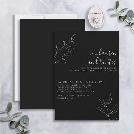 Modern Black White Script Botanical Bröllop Invit Inbjudningar