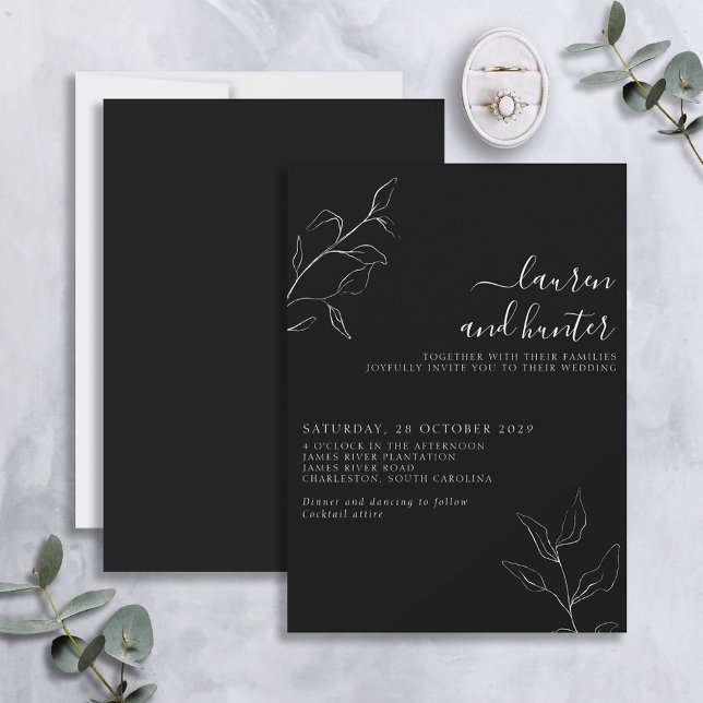 Modern Black White Script Botanical Bröllop Invit Inbjudningar (Skapare uppladdad)
