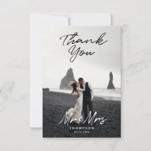 Modern Black White Script Bröllop Photo Tack Kort