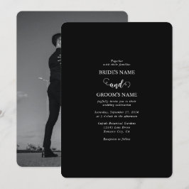 Modern Black & White Script par Photo Bröllop Inbjudningar