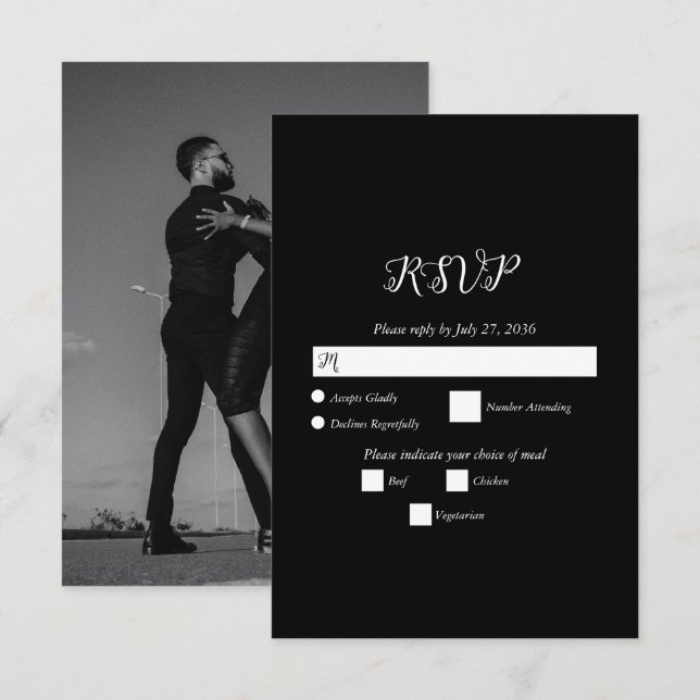 Modern Black & White Script par Photo Bröllop OSA Kort (Fram/baksida)