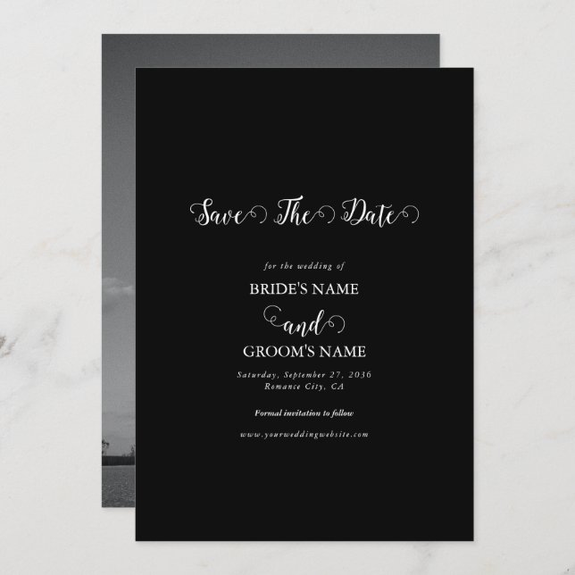Modern Black & White Script par Photo Bröllop Spara Datumet (Fram/baksida)