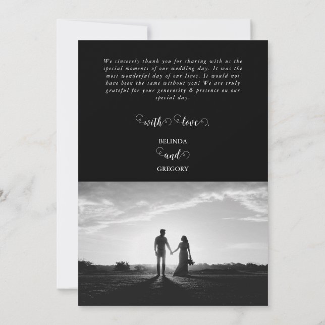 Modern Black & White Script par Photo Bröllop Tack Kort (Baksida)