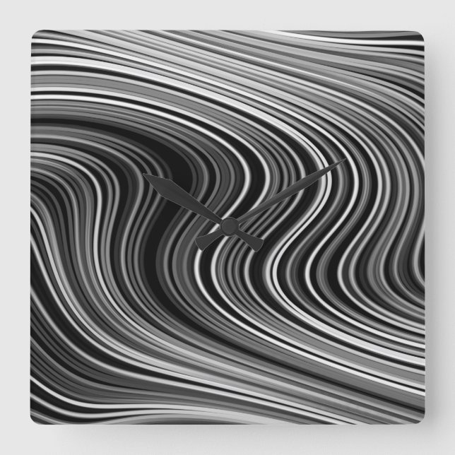 Modern Black White Silver Grått Curvy Linjer Fyrkantig Klocka (Framsida)