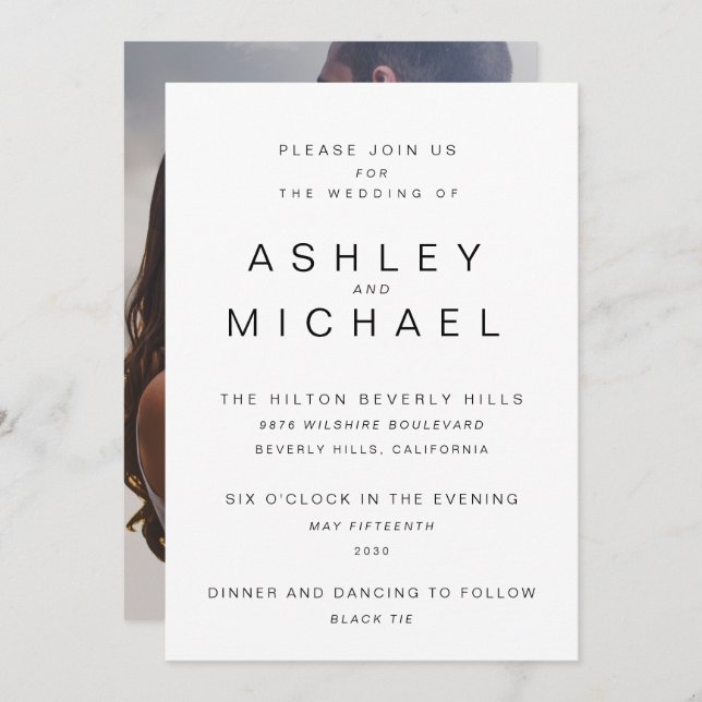 MODERN BLACK & WHITE Simple Photo Bröllop Inbjudningar (Fram/baksida)