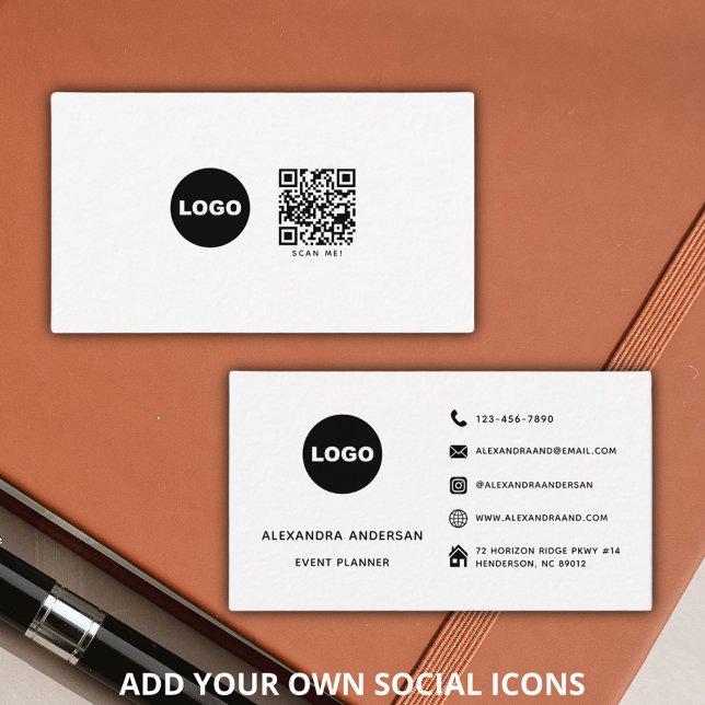 Modern Black White Social Media QR-kodLogotyp Visitkort (Modern Black White Social Media QR Code Logo Business Card)