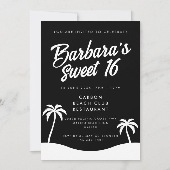 Modern Black White Summer Beach Party Sweet 16 Inbjudningar (Framsida)