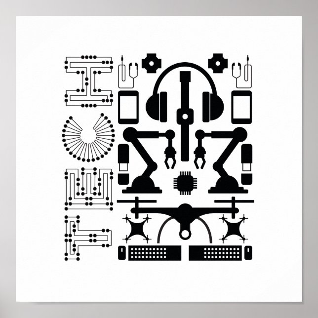 Modern Black & White Technology Objects Mönster Poster (Framsidan)