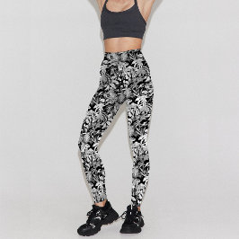 Modern Black White Tropical Löv Mönster Design Leggings