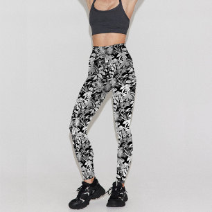 Modern Black White Tropical Löv Mönster Design Leggings