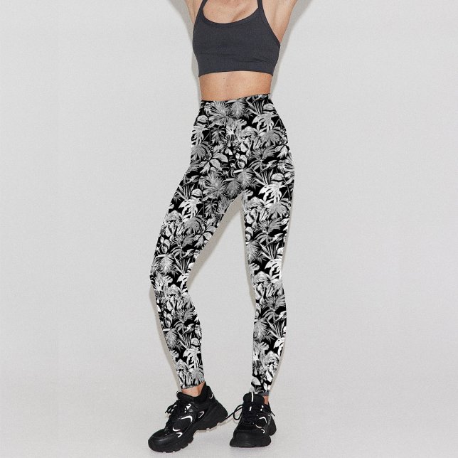 Modern Black White Tropical Löv Mönster Design Leggings (Modern leggings design with tropical leaf pattern in black and white, unique design for active lady )