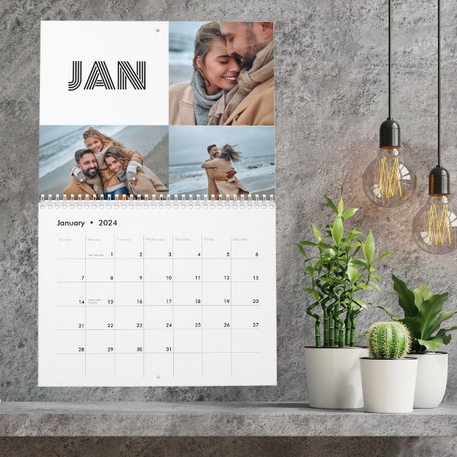 Modern Black White Typography 3 Photo Family Kalender (Skapare uppladdad)