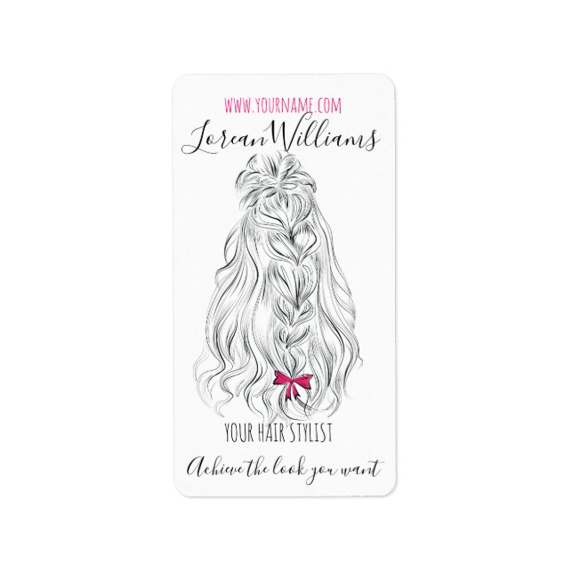 Modern Black White Vågigt Hair Rosa Bow Hairstylin Adressetikett (Framsidan)