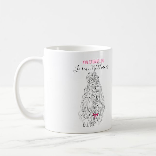 Modern Black White Vågigt Hair Rosa Bow Hairstylin Kaffemugg (Vänster)
