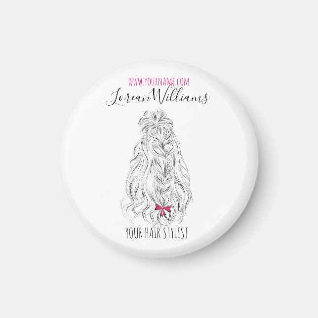 Modern Black White Vågigt Hair Rosa Bow Hairstylin Magnet (Framsidan)