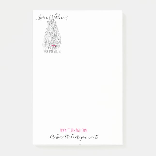 Modern Black White Vågigt Hair Rosa Bow Hairstylin Post-it Block (Framsida)