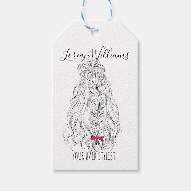 Modern Black White Vågigt Hair Rosa Bow Hairstylin Presentetikett (Framsidan)