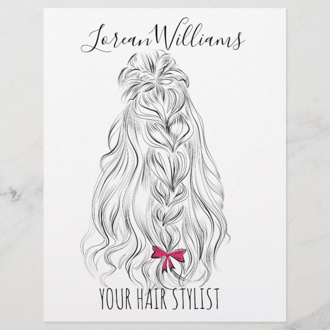 Modern Black White Vågigt Hair Rosa Bow Hairstylin Reklamblad (Framsidan)