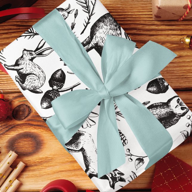 Modern Black & White Woodland Animals Hand Drawn Presentpapper (Elegant Hand-Drawn detailed Woodland Animals Illustration in black ink in modern black and white. )
