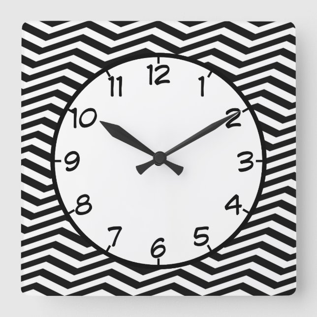 Modern Black White Zig Zag Chevron Rand Mönster Fyrkantig Klocka (Framsida)