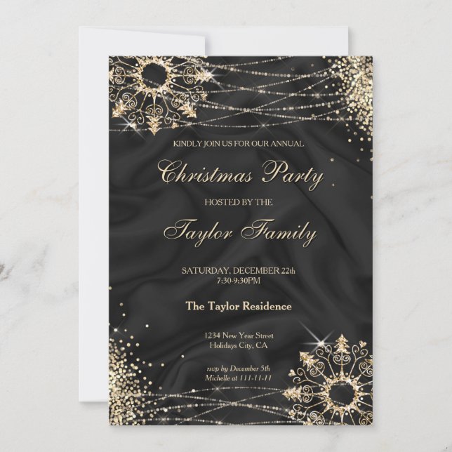Modern Black Winter Guld Snö jul Party Invi Inbjudningar (Framsida)