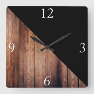 Modern Black & Wood Planks Fyrkantig Klocka