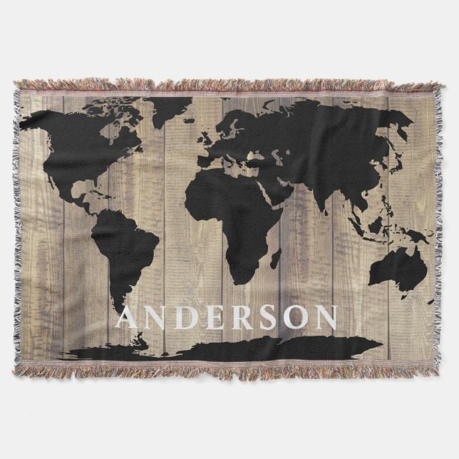 Modern Black World Map Rustic Wood Family Namn Mysfilt (Framsidan)