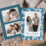 Modern blåfärgad glasbild God jul 3 foto Julkort<br><div class="desc">Skicka semesterhälsningar till vänner och familj med dessa moderna julfotokort. Utformningen har ett foto från din favoritfamilj i lodrät som är inramat i vitt med en bakgrund av frostigt glas med vattenfärgad nedfläckad i ljusskuggor och mörk blått nyanser. "God jul" visas nedan i ett mörk blått, handskript för pensel. Anpassa...</div>