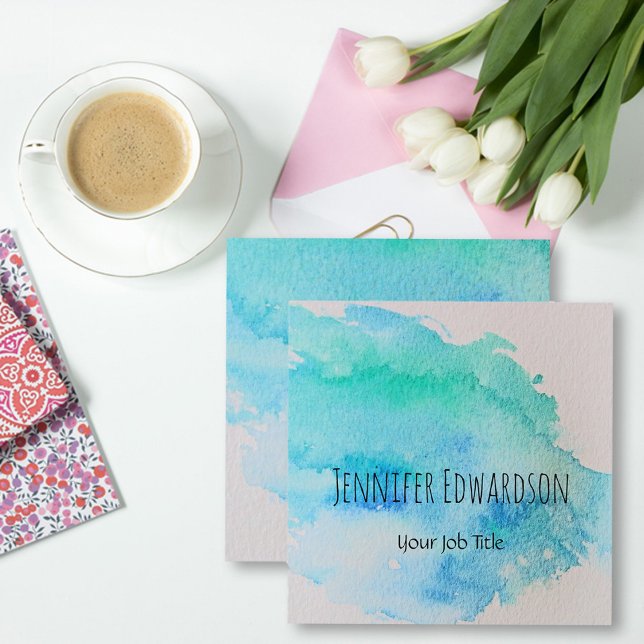 Modern blåfärgad grönt - vattenfärgstänk fyrkantigt visitkort (Modern green teal watercolor splatter professional business card,)
