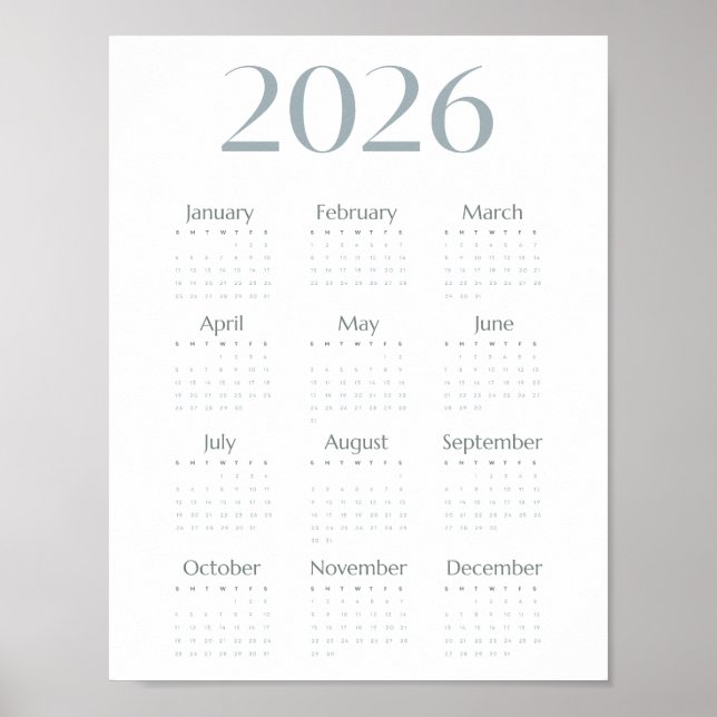 Modern Blågrå 2026 Kalender Enkel Ensidig  Poster (Framsidan)