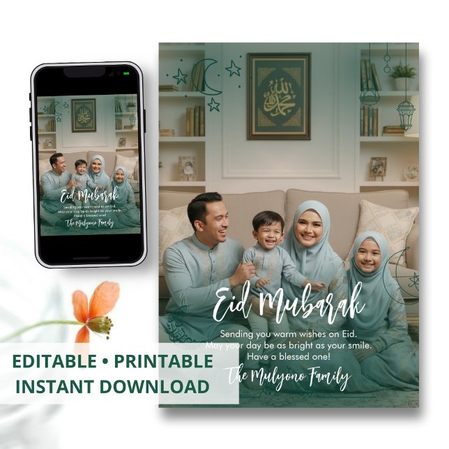 Modern Blågrön Överlagring Familjefoto Eid Mubarak Julkort (Skapare uppladdad)