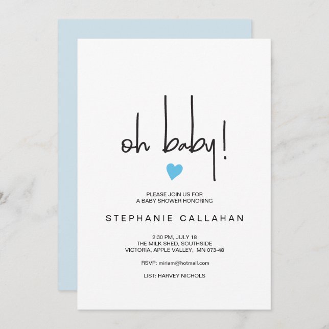 Modern blåhjärtsmotif för Pojke-visning Inbjudningar (Fram/baksida)