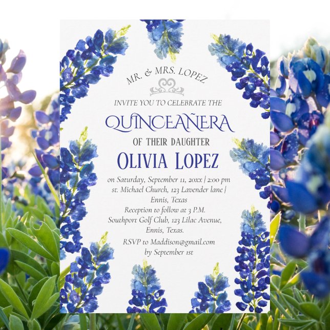 Modern blånät Quinceañera-Blommigt 15 födelsedag Inbjudningar (Skapare uppladdad)
