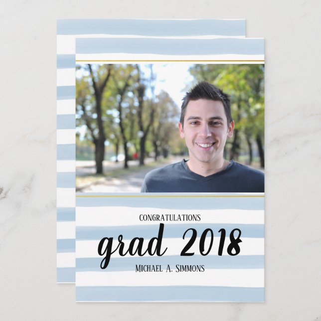 Modern Blåstrimlad GRAD Studenten-inbjudan Inbjudningar (Fram/baksida)