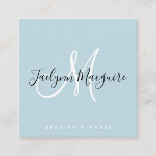 Modern blått elegant-skript namnteckning monogram fyrkantigt visitkort