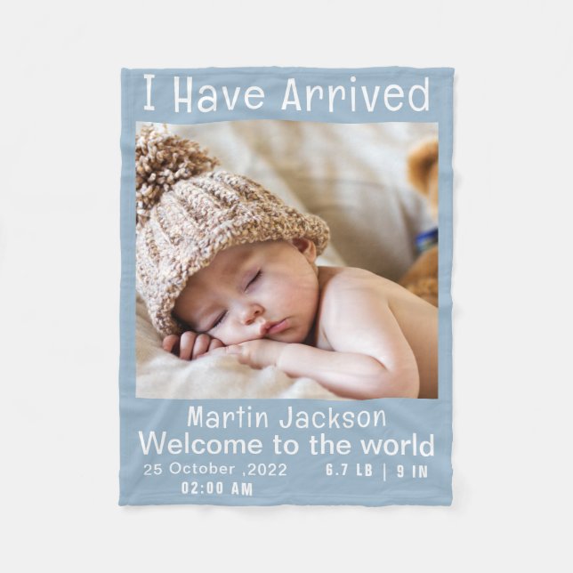 Modern blått foto-födelsemeddelande Pojke Fleecefilt (Framsidan)
