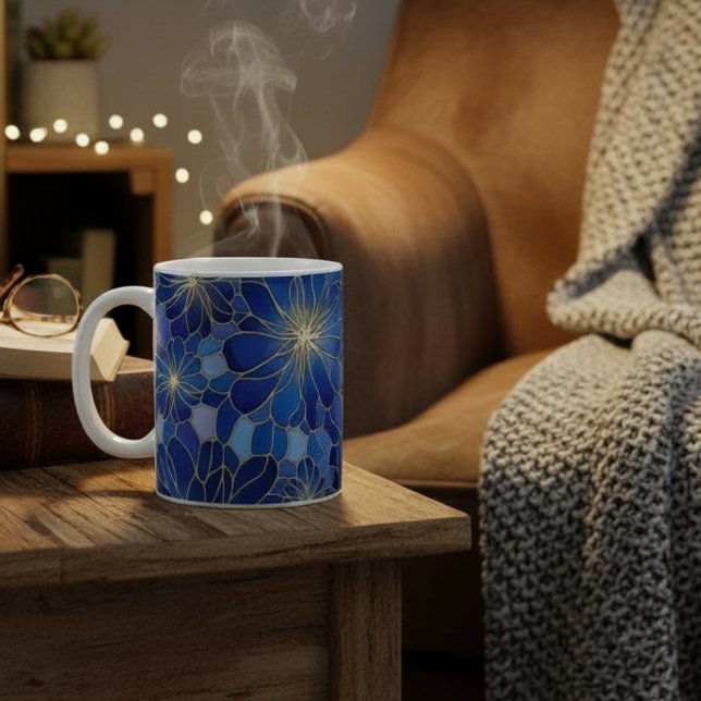 Modern Blått Guld Blommigt Mönster Kaffemugg (Skapare uppladdad)