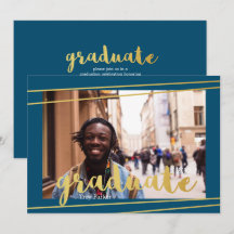 Modern blått, Guld och vitt Student-inbjudan