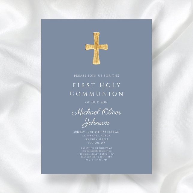 Modern Blått Kors Religiös Pojke Första Kommunion Inbjudningar (Modern Blue Cross Religious Boy First Communion Invitation)