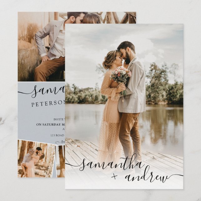 Modern blått minimalistiskt manus 5 foton bröllop inbjudningar (Fram/baksida)