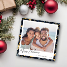 Modern blått och Guld julfoto Löv Square