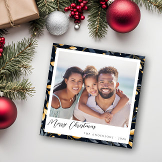 Modern blått och Guld julfoto Löv Square Julkort