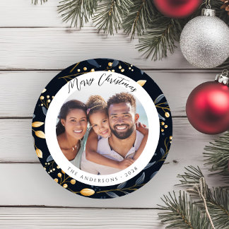 Modern blått och Guld julrundfoto i Löv Julkort