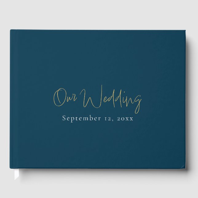 Modern blått och guld-manus, minimalistiskt bröllo gästböcker (Framsida)