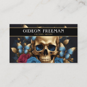 Modern blått och Guld Skull Butterflies Tattoartis Visitkort