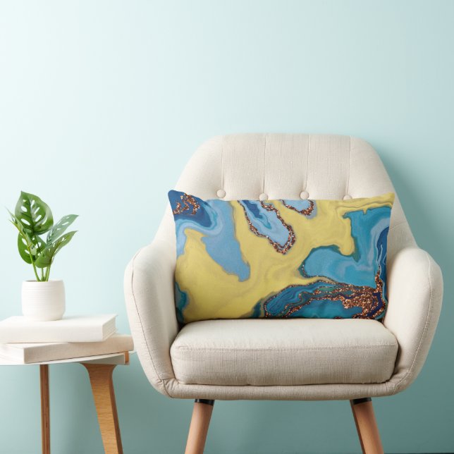 Modern blått och gult guld glitter abstrakt lumb lumbarkudde (Stol)