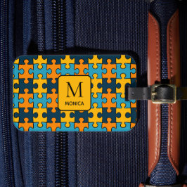 Modern blått och Orange puzzle Delara Monogram Bagagebricka