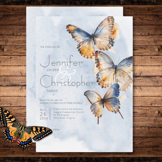 Modern blått och rostigt vattenfärgsblommor bröllo inbjudningar (Modern Blue & Rust Watercolor Butterflies Wedding Invitation)