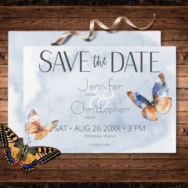 Modern blått och rostigt vattenfärgsblommor bröllo spara datumet (Modern Blue & Rust Watercolor Butterflies Wedding Save The Date)
