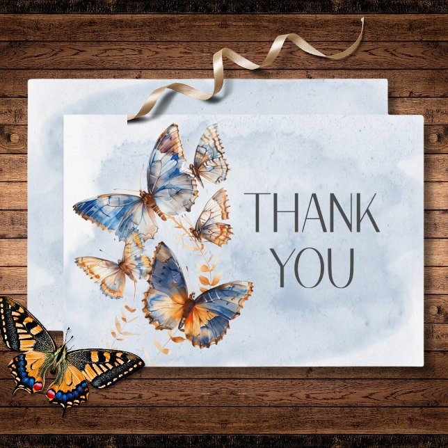 Modern blått och rostigt vattenfärgsblommor bröllo tack kort (Modern Blue & Rust Watercolor Butterflies Wedding Thank You Card)